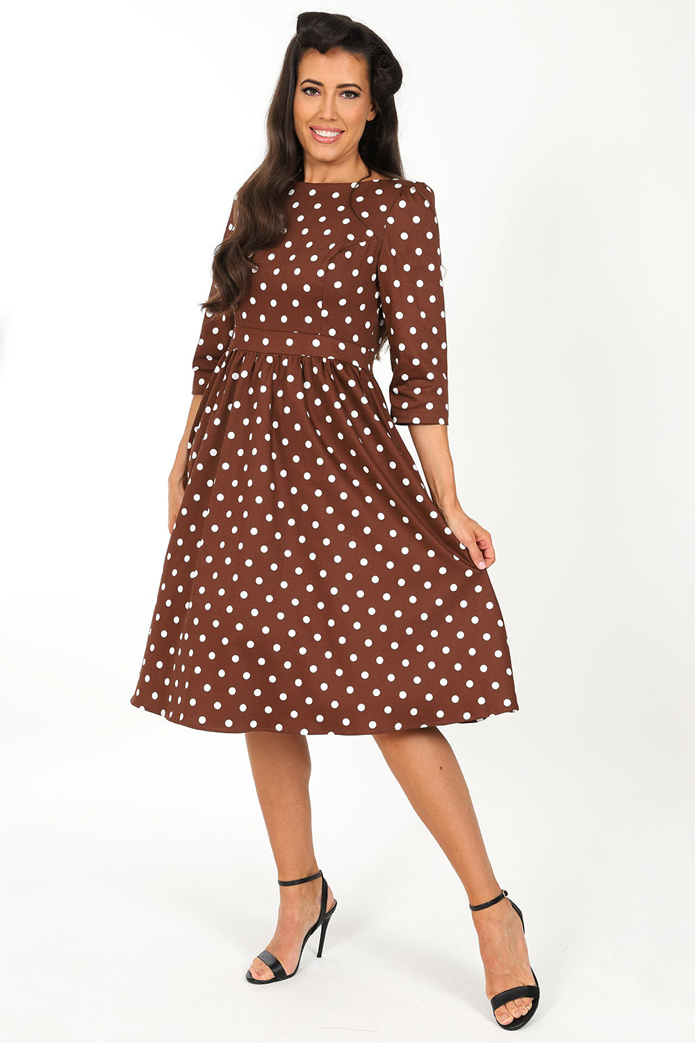 Patsy Polka Dot Swing Dress in Brown Pocket Watch and Petticoats Patsy Polka Dot Swing Dress in Brown Pocket Watch and Petticoats