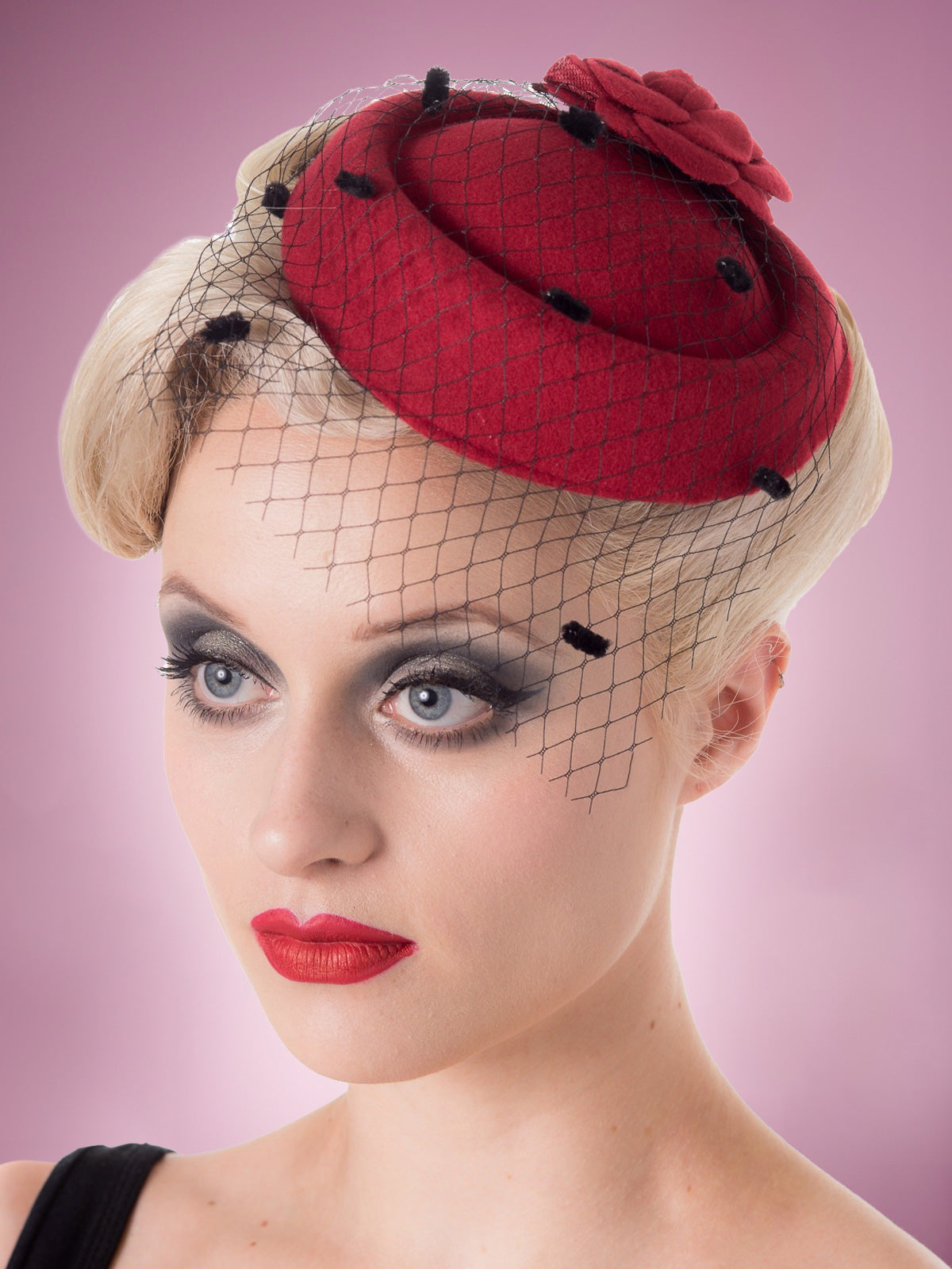 Audrey Fascinator in Burgundy on Model Product Photo