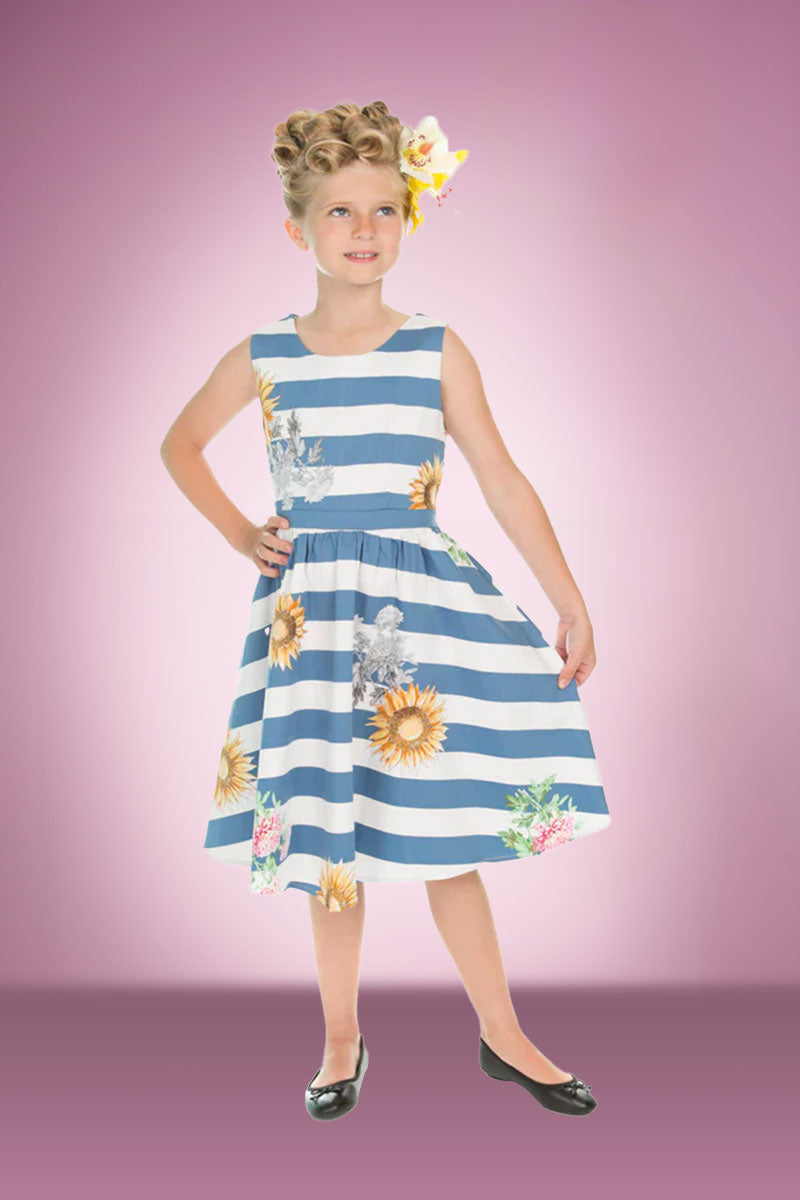 Blue Striped Sunflower Children’s Swing Dress
