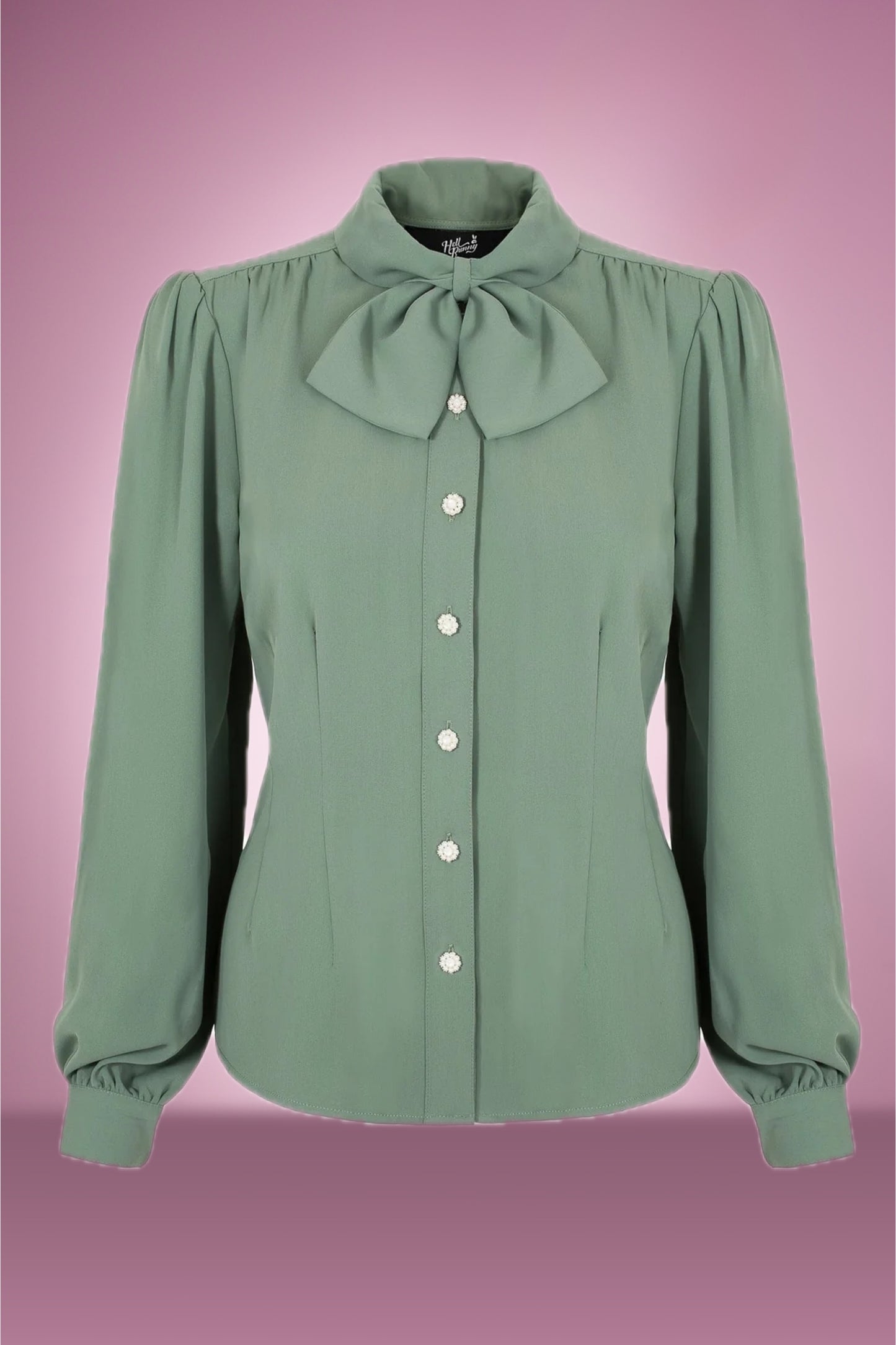 Pearl Pussy Bow Blouse in Sage Green