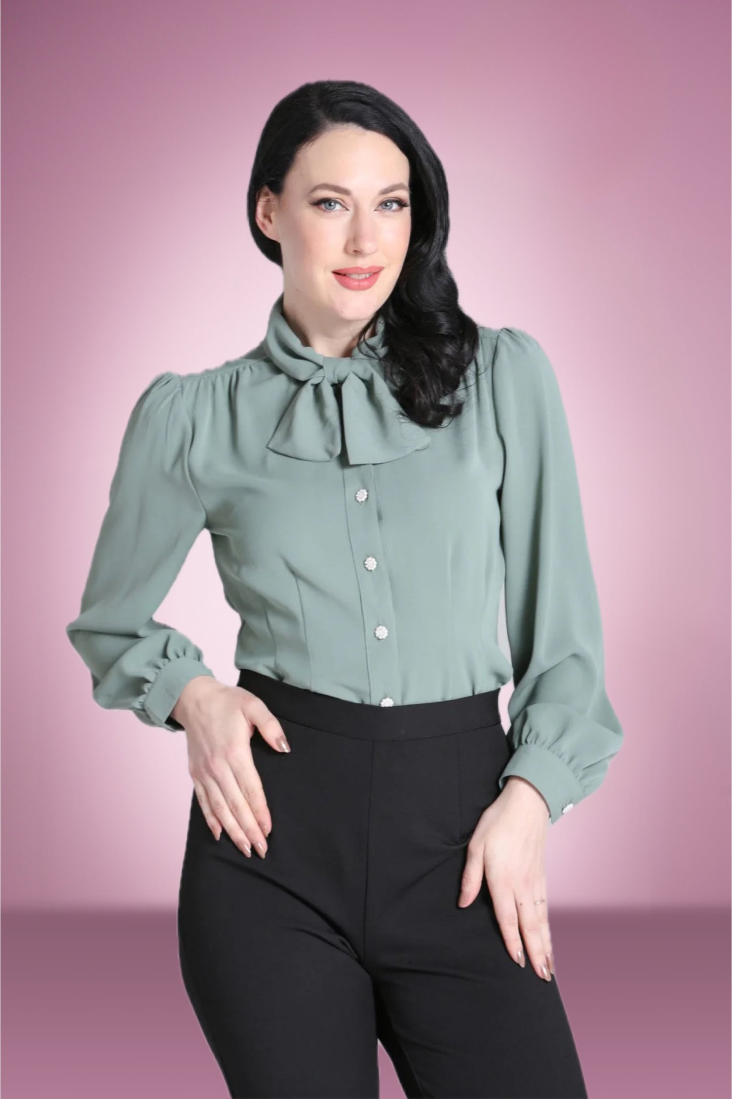 Pearl Pussy Bow Blouse in Sage Green