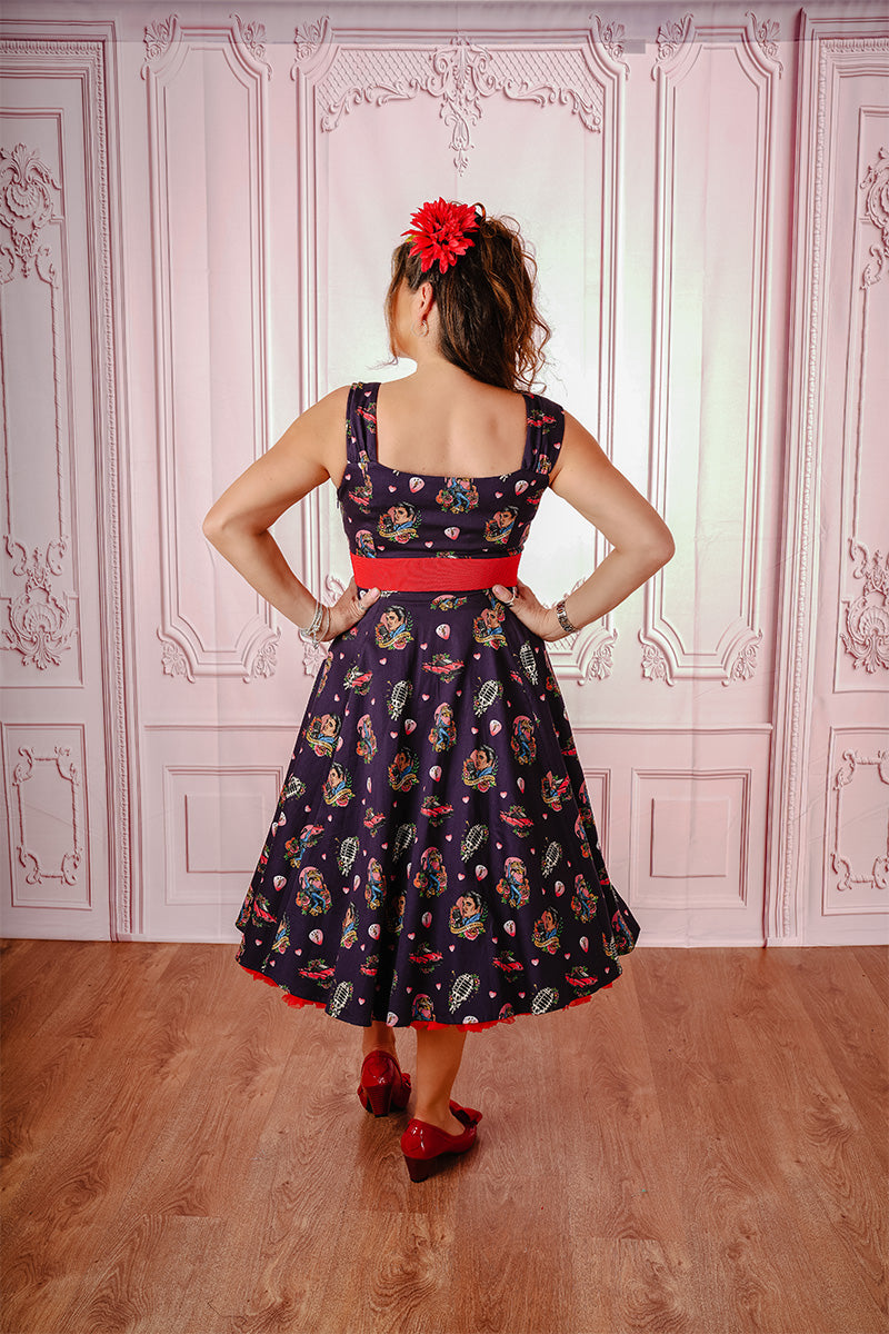All Shook Up Swing Dress Elvis Print from the Rear on Model