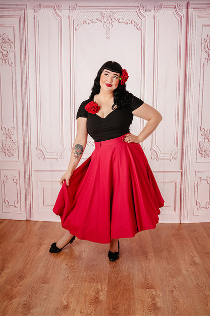 Black Tammy Twisted Top on Model Paired with Red Skirt Full Length Photo