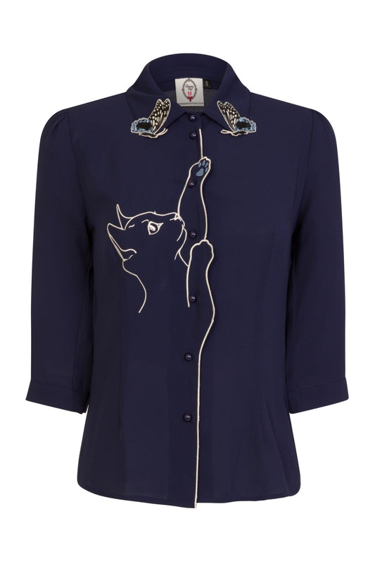 Playful Kitty Blouse in Navy