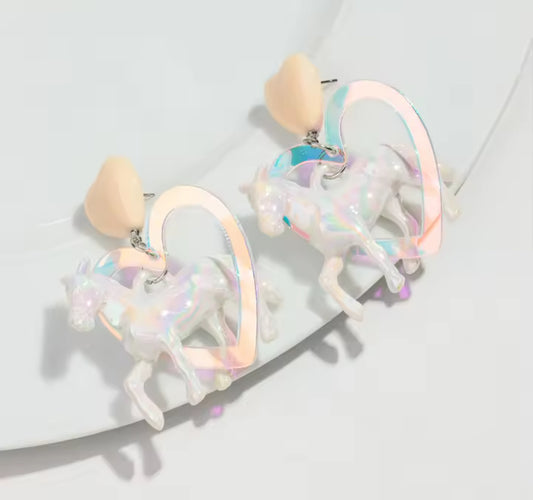 White Pearlescent Unicorn Heart Earrings