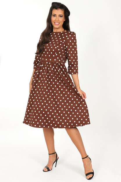 Patsy Polka Dot Swing Dress in Brown