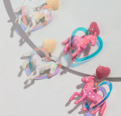 White Pearlescent Unicorn Heart Earrings