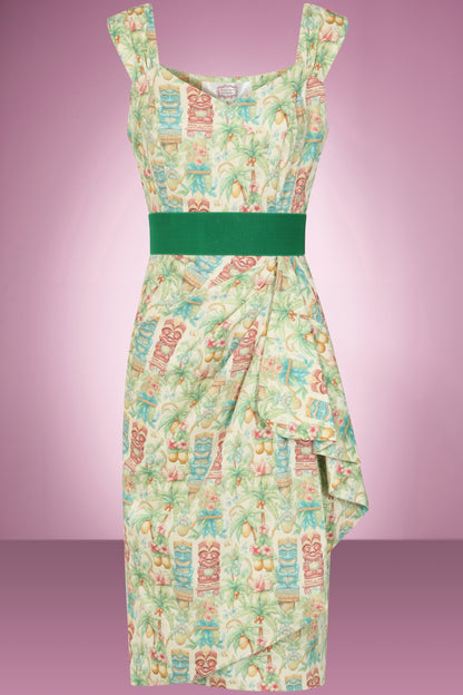 Tiki Waterfall vintage wiggle dress with tropical print
