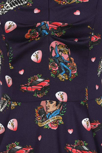 Closeup of All Shook Up Swing Dress Elvis Print Fabric Dress