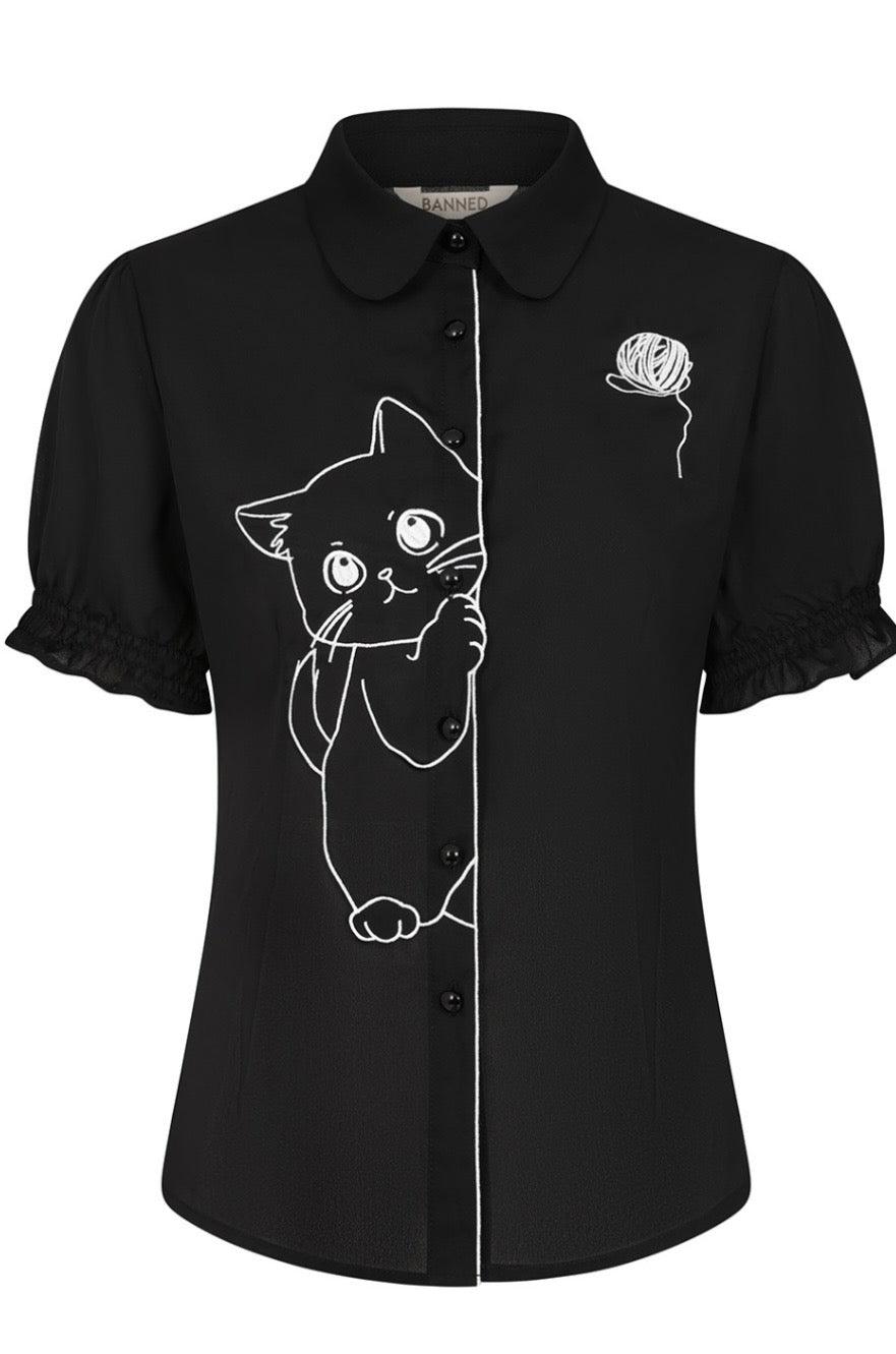 Cutie Kitty Cat Black Blouse