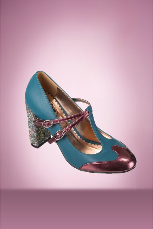 Dolly Teal & Burgundy Glitter Shoes