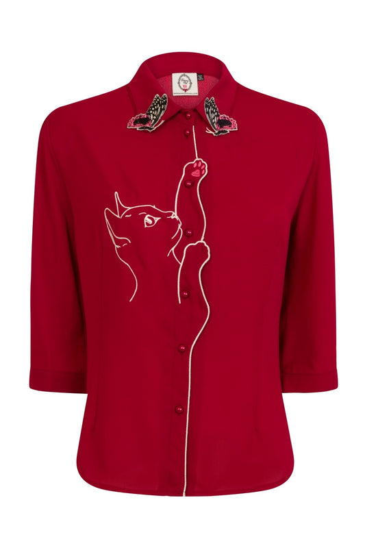 Playful Kitty Cat Blouse in Burgundy Red