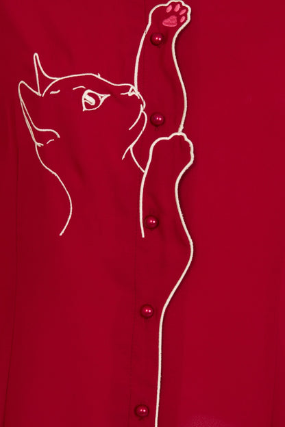 Playful Kitty Cat Blouse in Burgundy Red