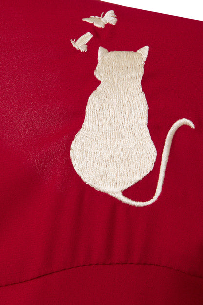 Playful Kitty Cat Blouse in Burgundy Red