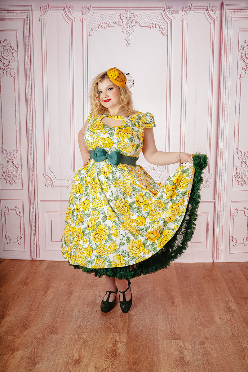 Dawny Swing Dress on Model paired with Yellow Fascinator