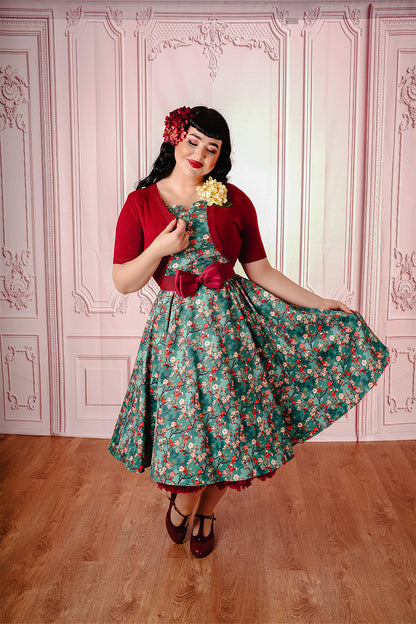 Burgundy Briony Bolero on Model Paired with Print Dress