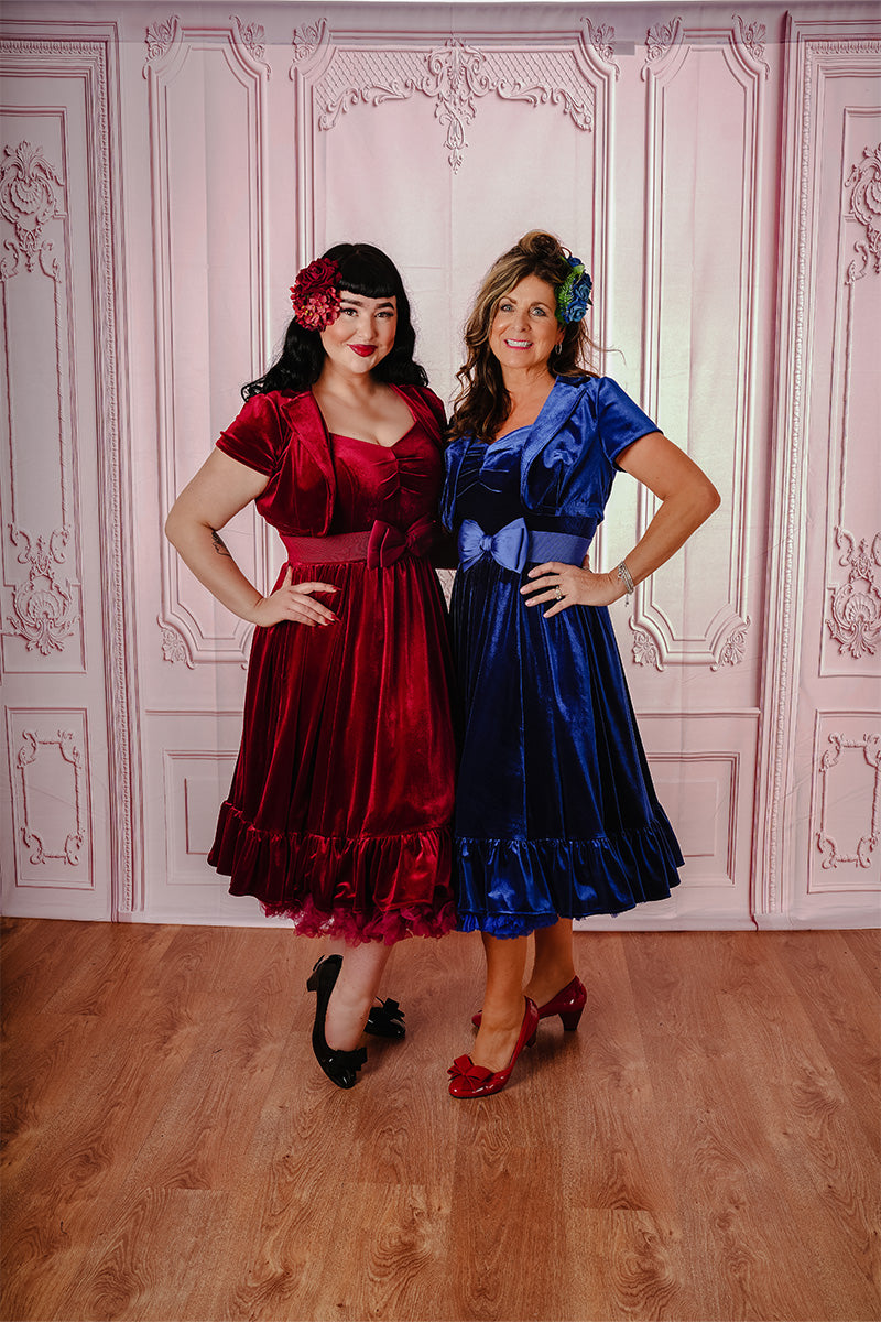 Anoushka Swing Dress on Model with Matching Jacket in Red & Blue