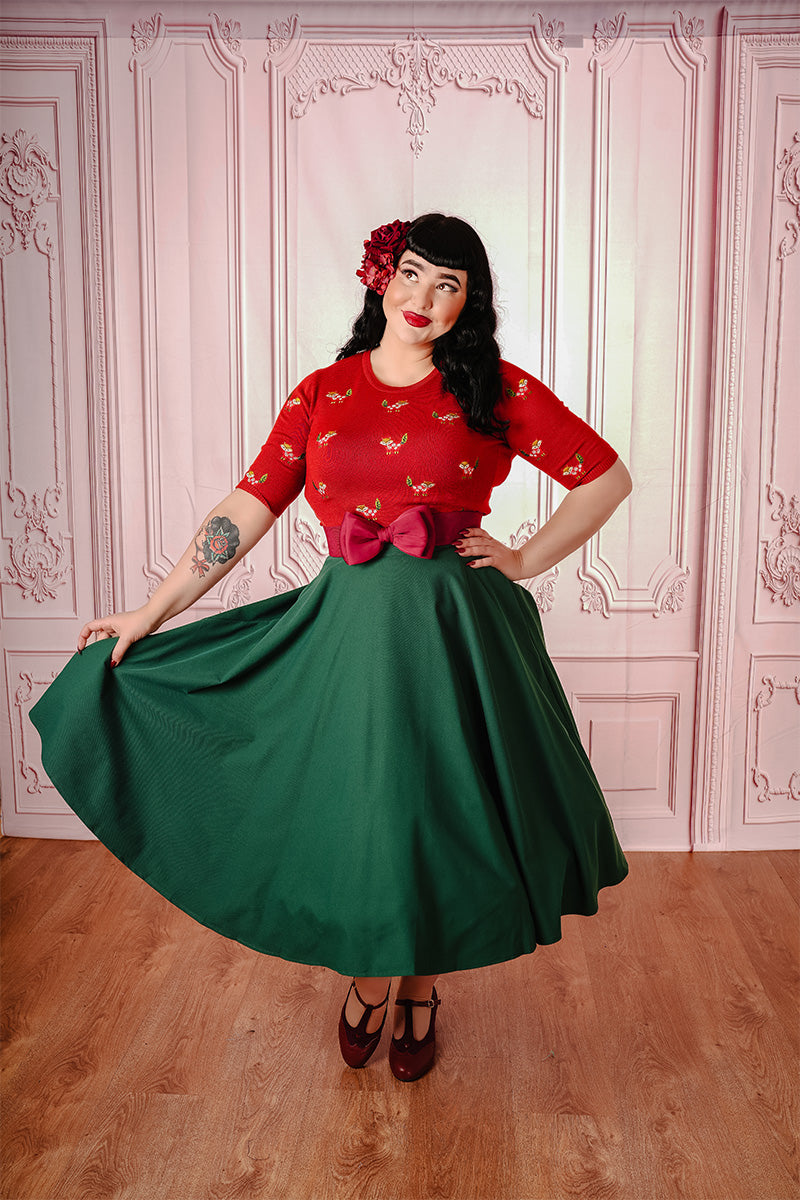 Forest Green Carmen Circle Skirt on Model from Front with Skirt Spread