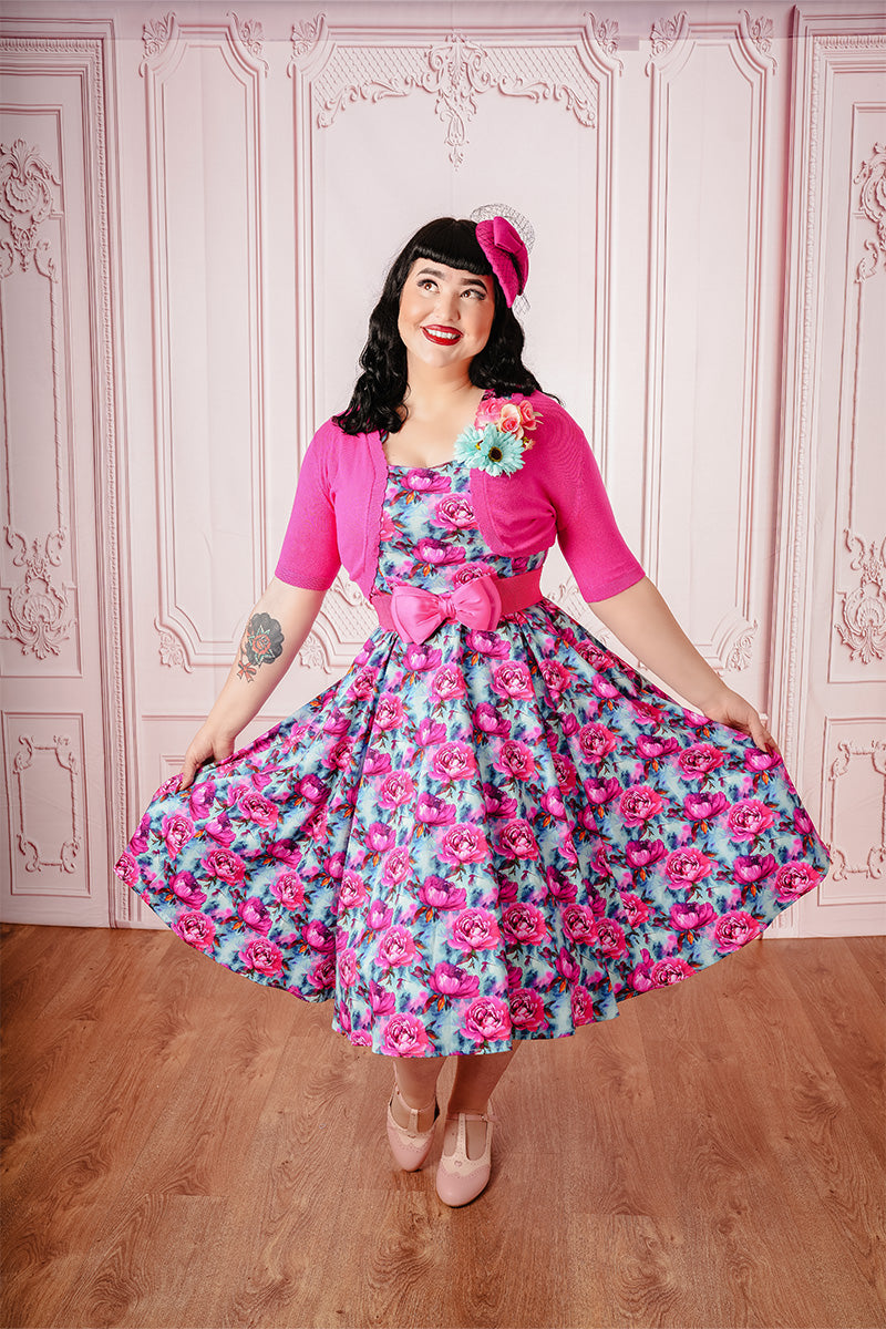 Grace Swing Dress Front Image on Model Paired with Pink Bolero